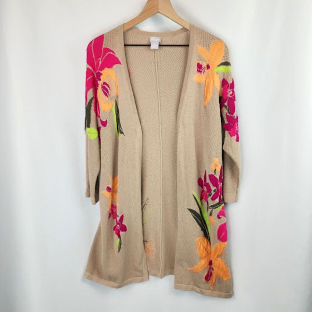 Chico's Women's Tan Floral Open Front Cardigan Size 1 / M
